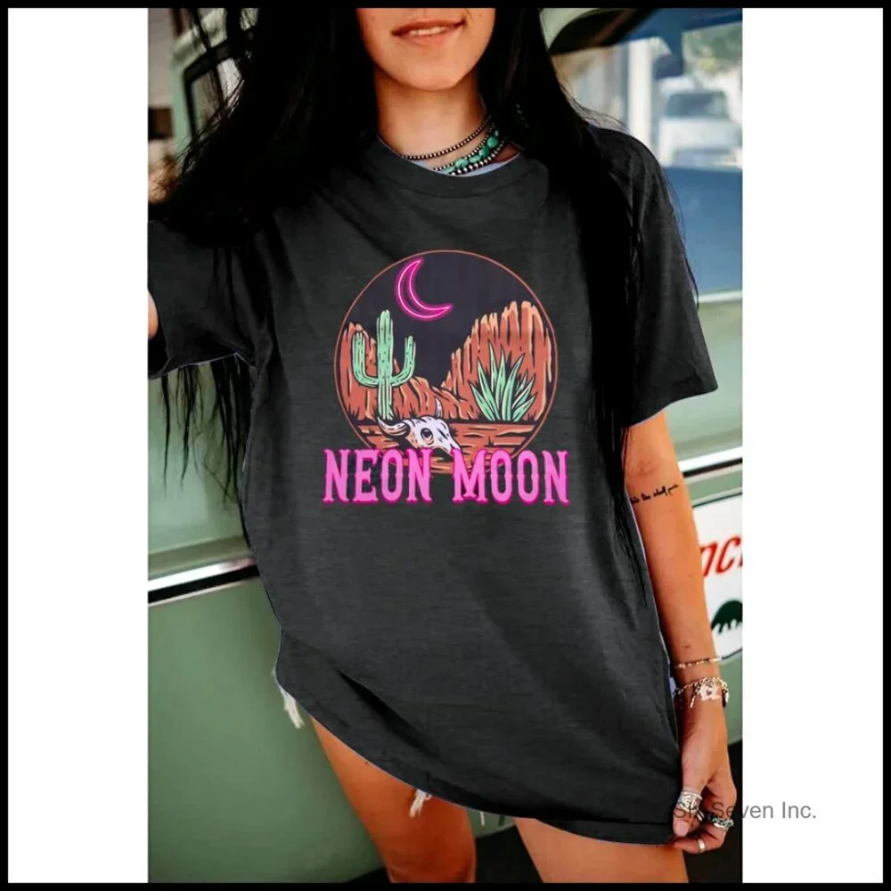 Oversized Retro Western Tee Women's Loose Fit Casual Short Sleeve Cowgirl Top - Picture 2 of 6